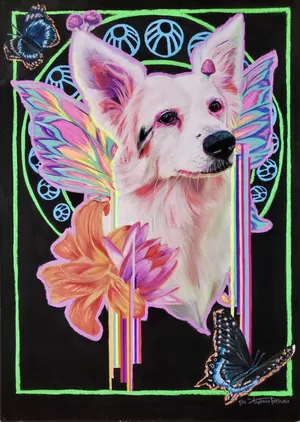 A white long haired australian shepherd mix rendered with neon faerie wings and surrounded by butterflies and tropical flowers
