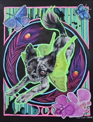 A long haired blue merle chihuahua with green lunar moth wings doing a play bow, surrounded by butterflies, feathers and flowers