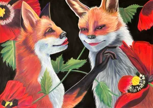 Two foxes with human facial features sitting amongst poppies. One fox strokes the other's cheek with a human shaped hand.