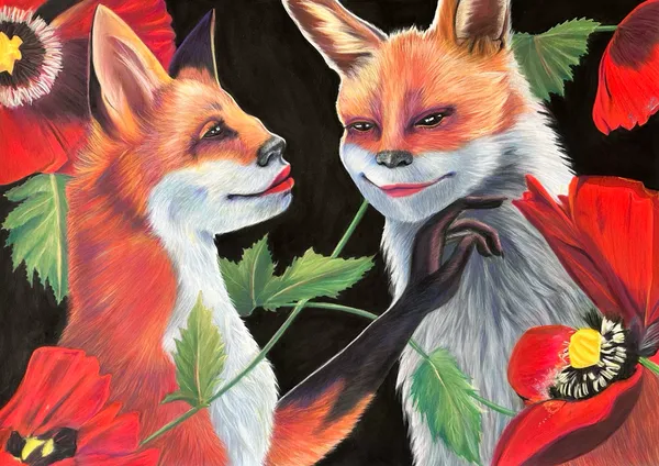 Two foxes with human facial features sitting amongst poppies. One fox strokes the other's cheek with a human shaped hand.