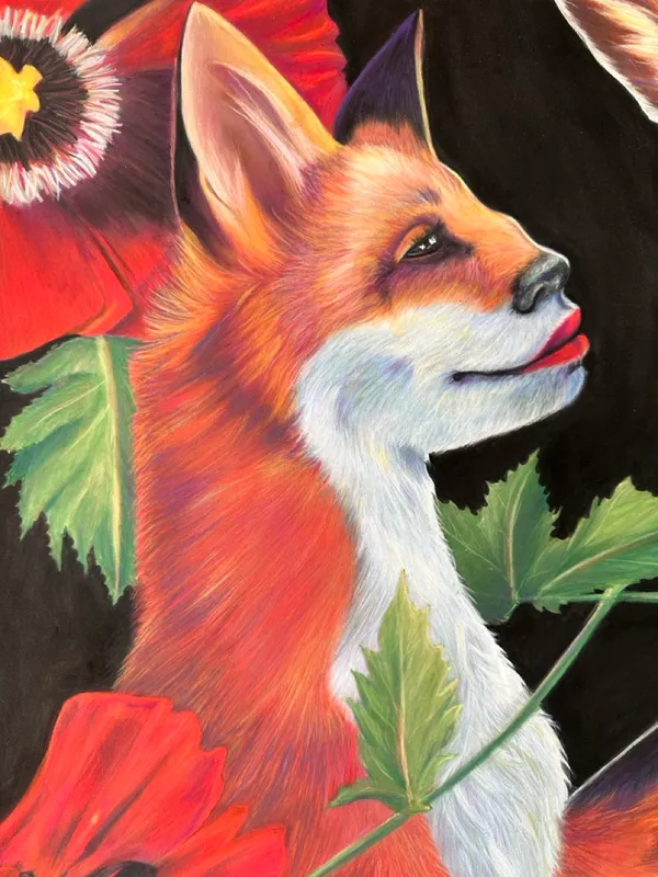 Closeup of left fox, which is in profile with a prominent human nose