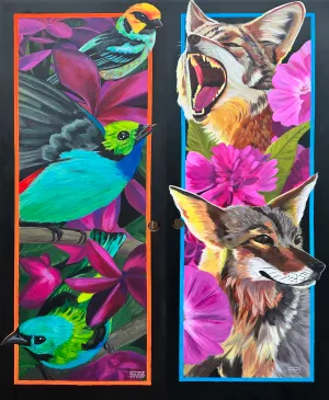 two sides of a door, one side with colorful tanagers and the other with two coyotes, both sides with bright pink flowers