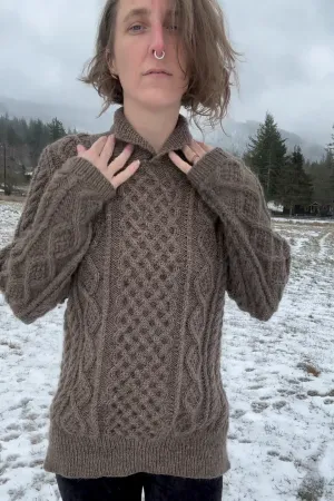 Taupe all-over cabled sweater with high collar