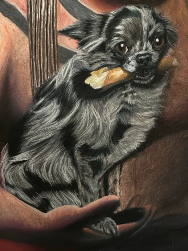 detail of dog, holding a pork skin roll