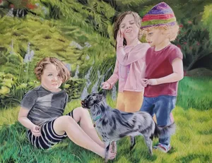 Three young children and a spotted long hair chihuahua