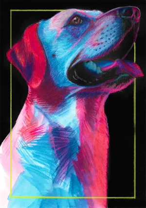 A labrador retriever looking up and to the right with tongue hanging out, rendered in bright neon pink and blue