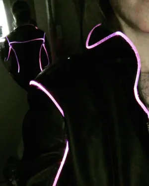 Pleather jacket with fiber optic lines around the seams