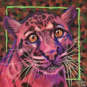 A Jaguar rendered in bright magenta and purple tones over abstract background