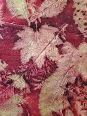 red fabric with cream colored leaf imprints