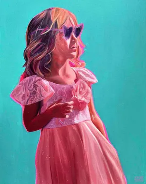 Portrait of a girl wearing a pink dress and heart sunglasses, rendered in neon pink over a cobalt turquoise background