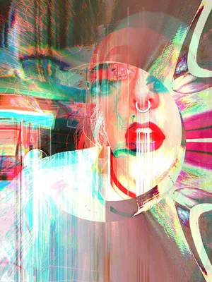 A digitally altered image of Stephanie, with facial piercings and red lipstick, surrounded by colorful abstract patterns and glitch effects