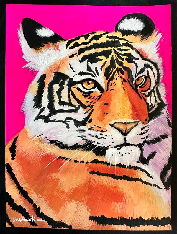 Bright orange tiger against a neon pink background