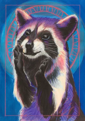 Purple and orange raccoon on a blue background haloed by a ligther blue and orange graphic circle