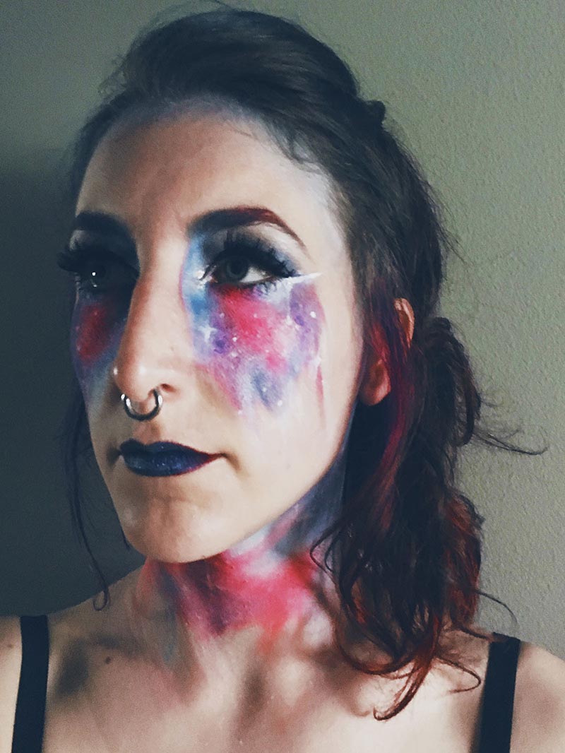 galaxy makeup, stephanie's cheeks drip galaxies under her eyes