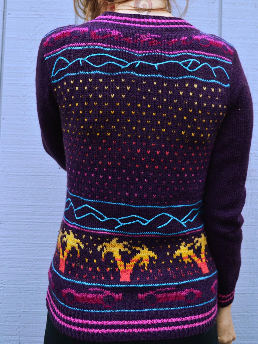 back view of synthwave sweater, which looks like the front without the sun
