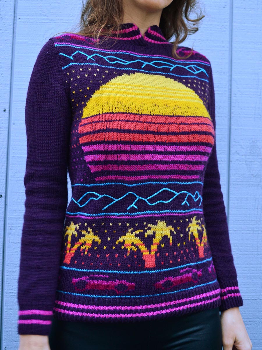 front view of synthwave sweater, a purple sweater with an 80's style sunset, palm trees, ferraris, and mountains
